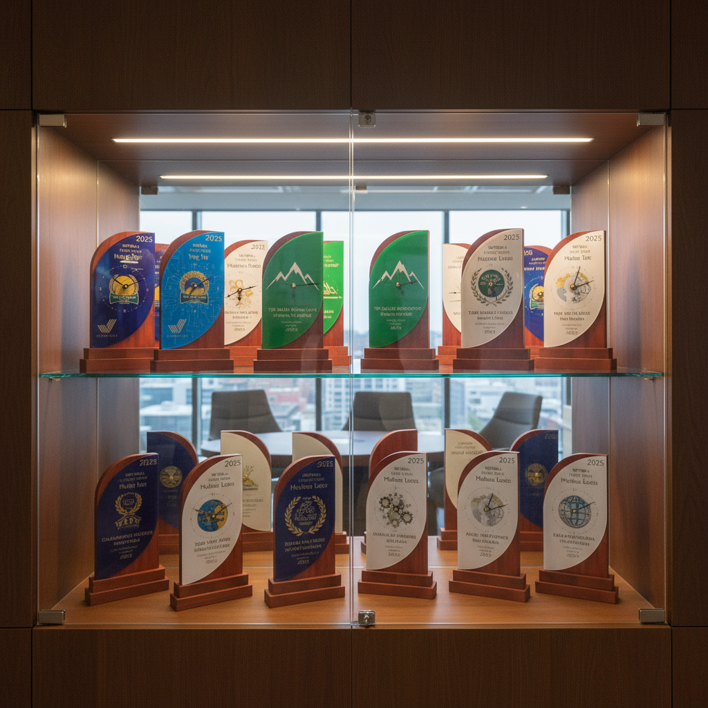 Trophy display case with multiple awards