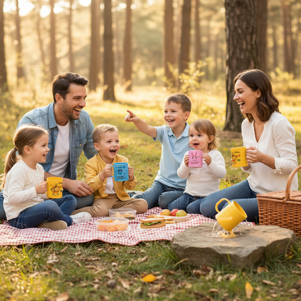 Family outdoor camping with polymer mugs