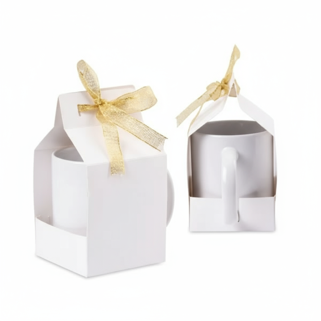 Premium white printable mug box with elegant gold ribbon showing secure packaging for 11oz mugs