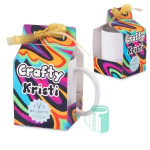 Premium white printable mug box with elegant gold ribbon showing secure packaging for 11oz mugs