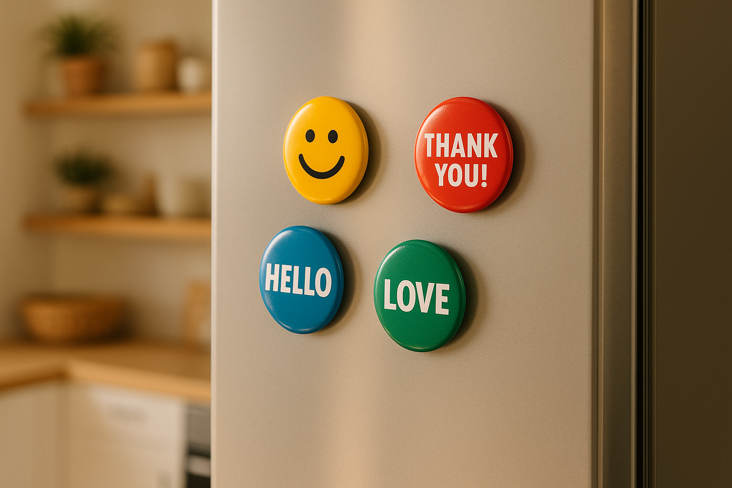 Button Badges on Refrigerator - Kitchen Context