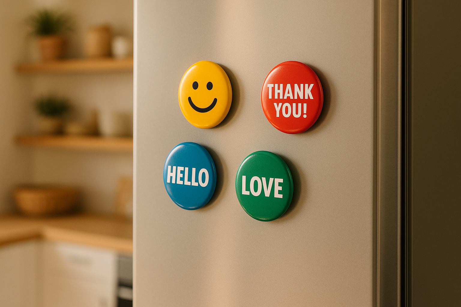 Button Badges on Refrigerator - Kitchen Context