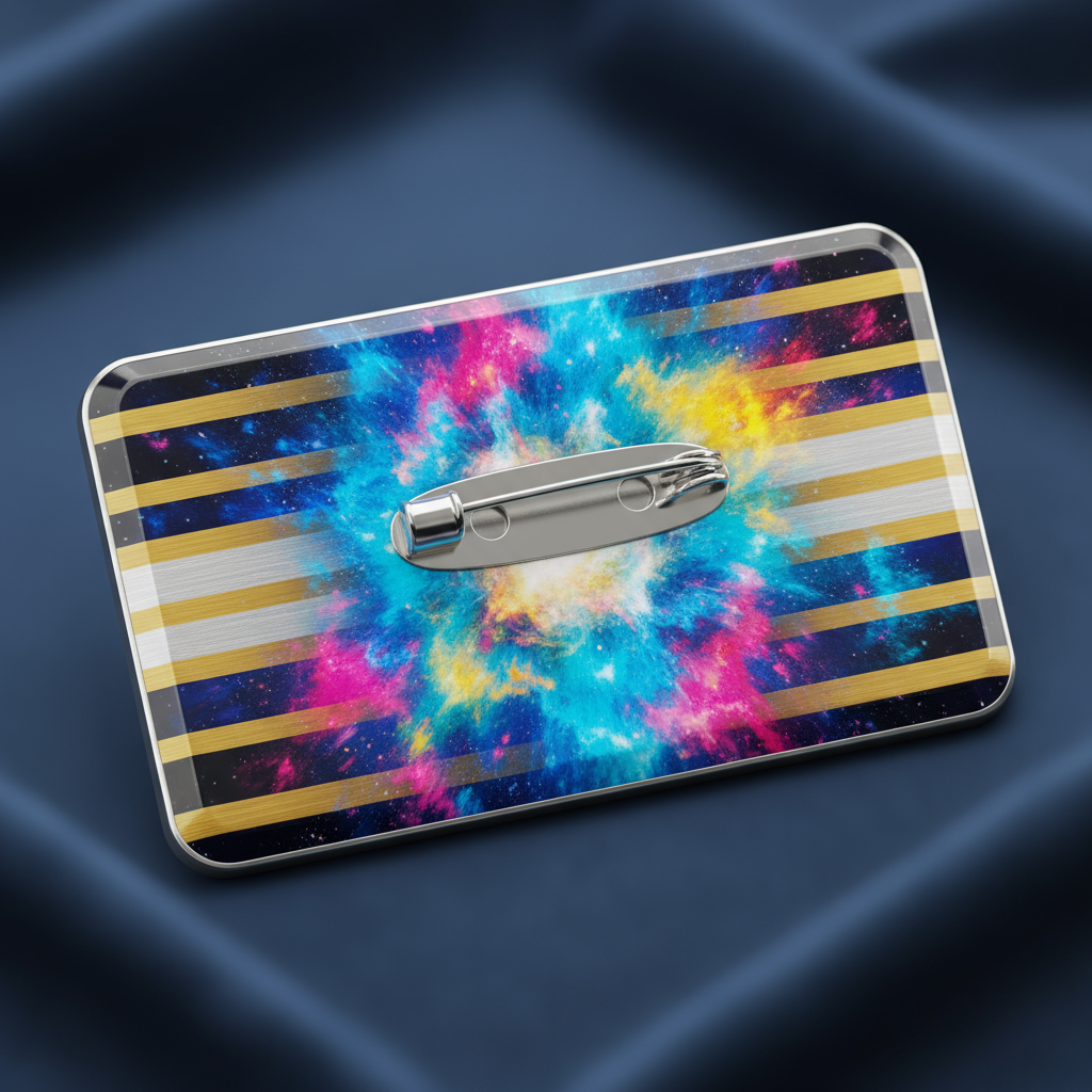 Close-up of large pin badge detail