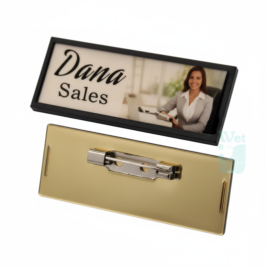 Close-up of small pin badge detail