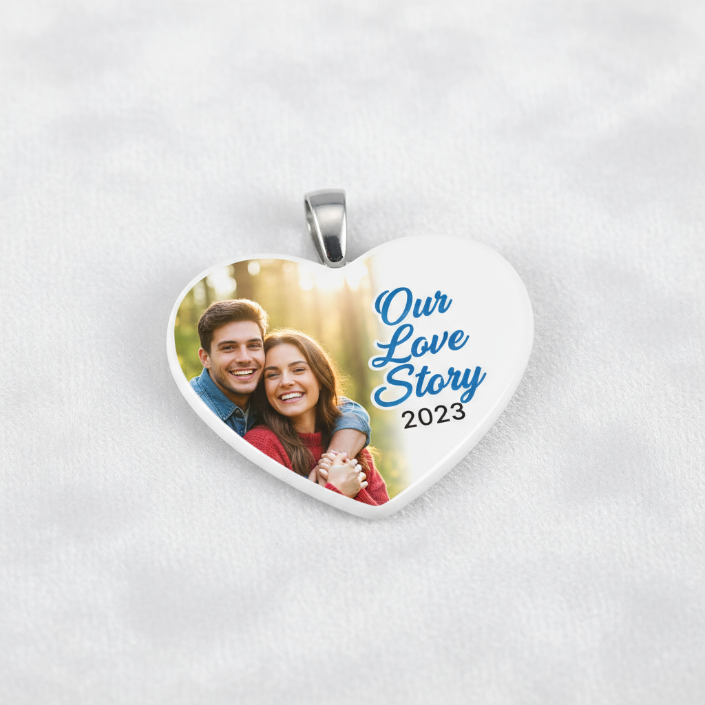Close-up of vibrant sublimation printed design on heart pendant