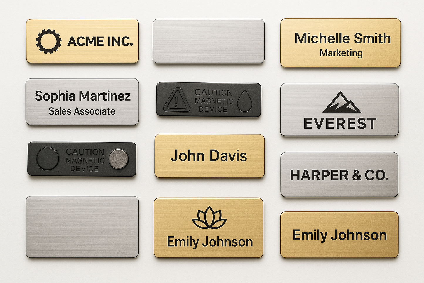 Collection of magnetic badges in gold and silver