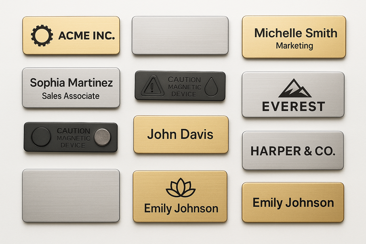 Collection of magnetic badges in gold and silver