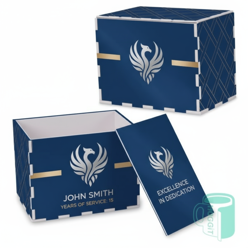Corporate keepsake box with logo and employee name