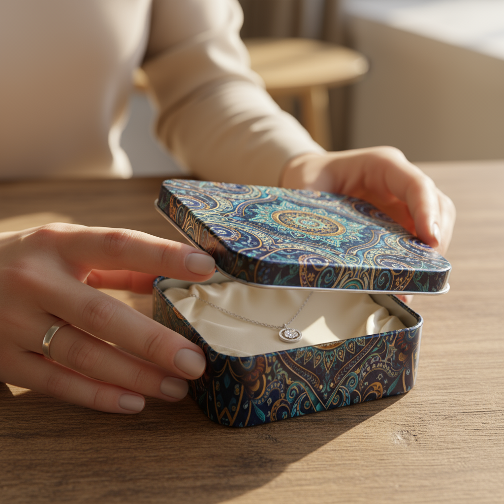 Customer opening custom metal gift box