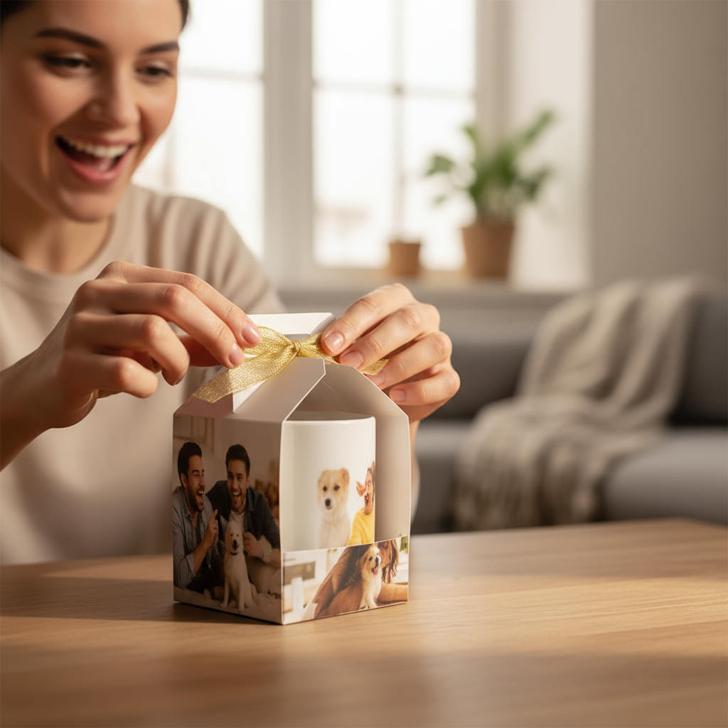 Customer unboxing custom printed mug box