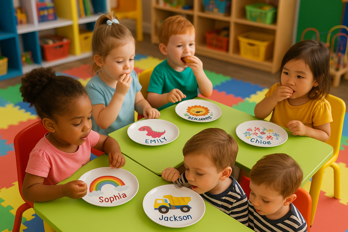 Daycare mealtime with custom plates