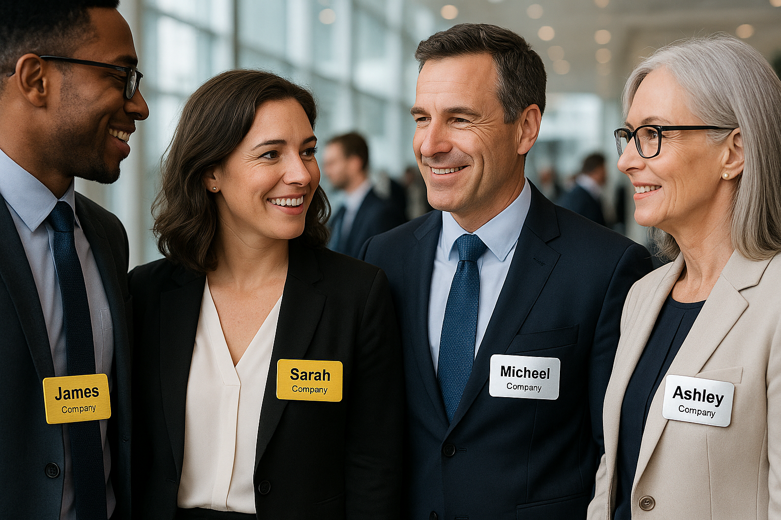 Employees wearing magnetic badges at conference