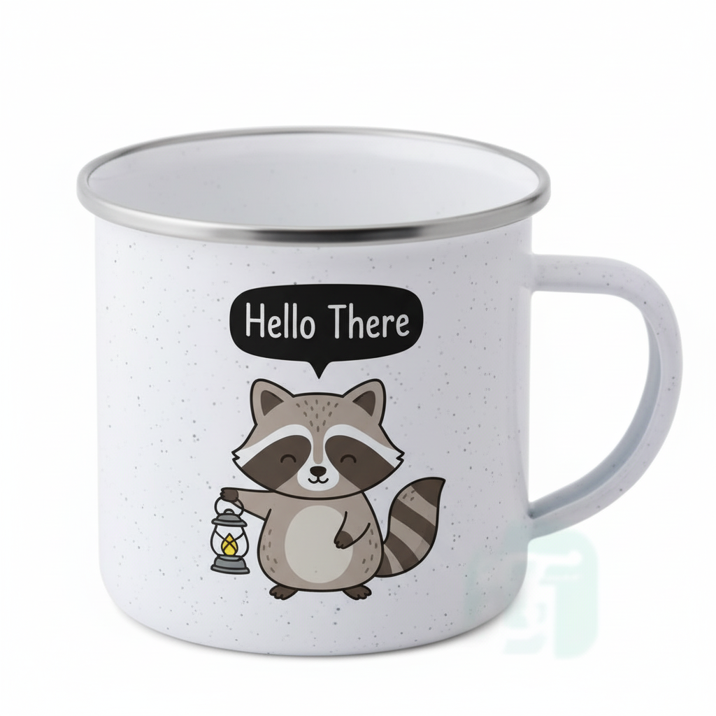 Enhanced enamel mug with raccoon design