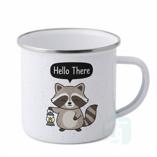 Enhanced enamel mug with raccoon design
