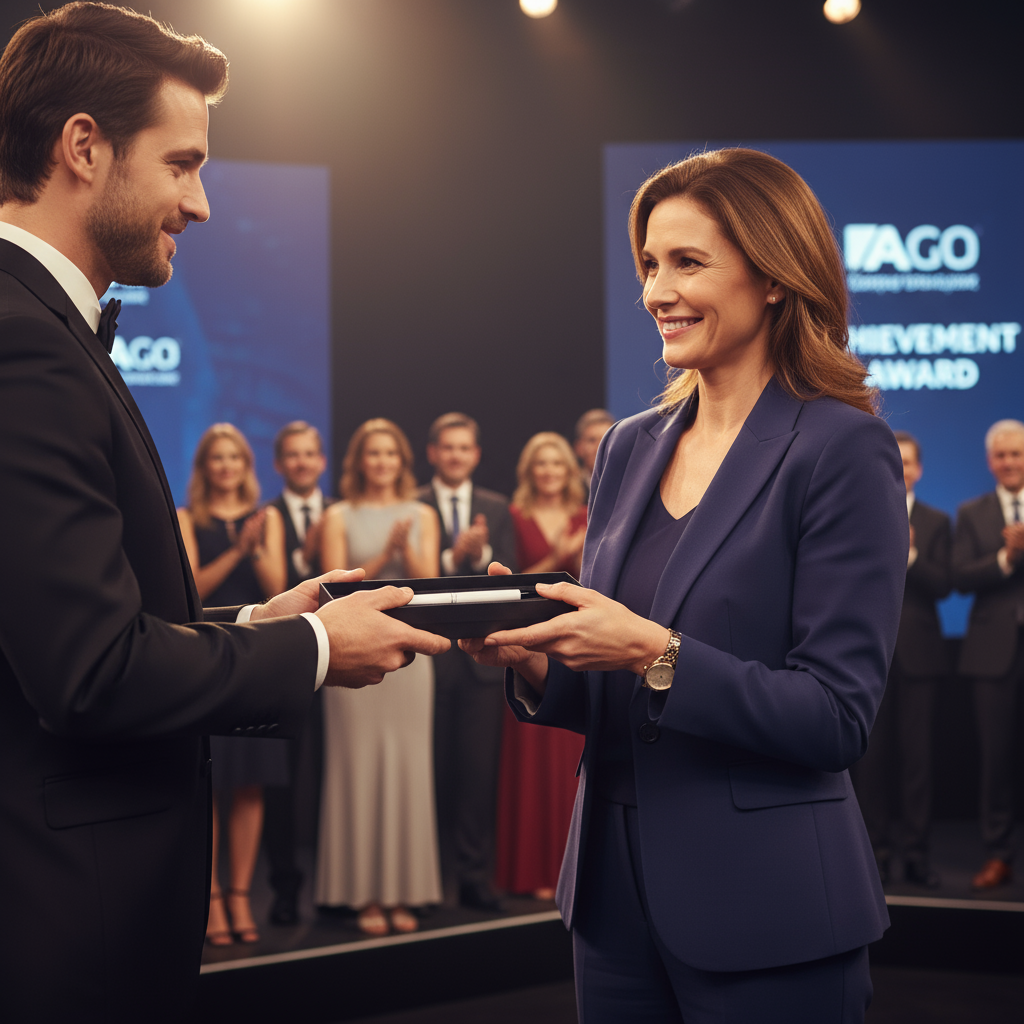 Executive receiving personalized pen gift at ceremony