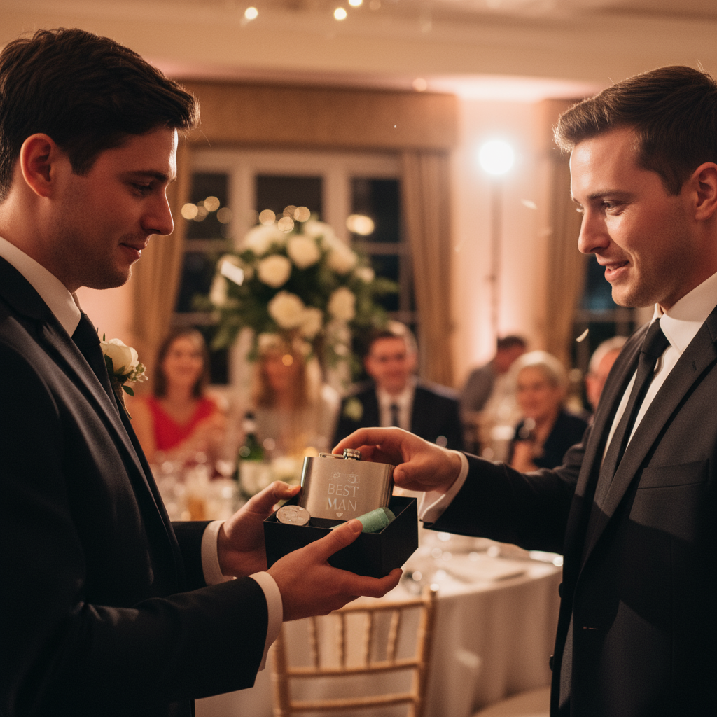 Groomsman receiving flask gift