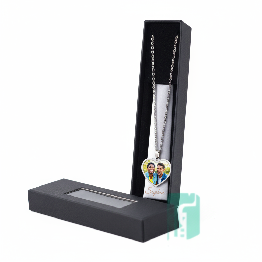 Personalized heart necklace gift set in premium box with custom sublimation printing