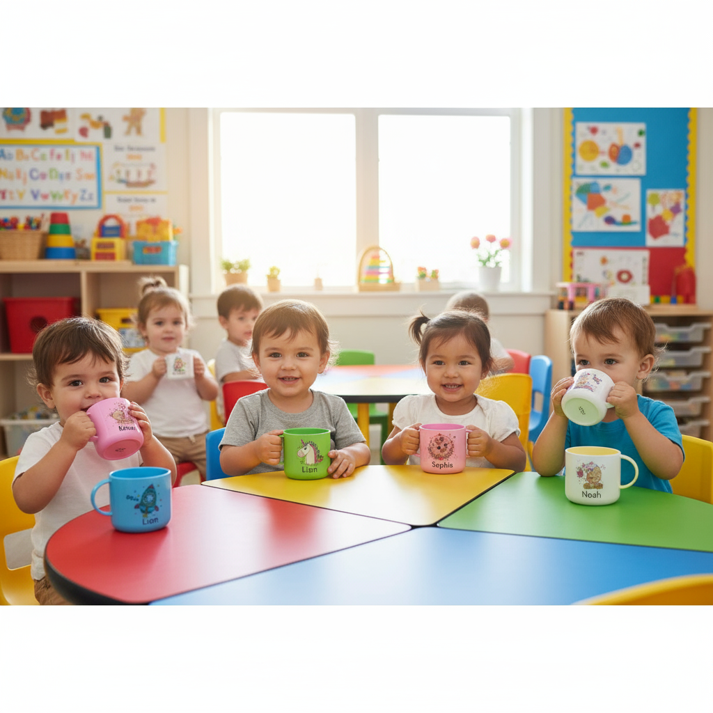 Toddlers at daycare using personalized mugs