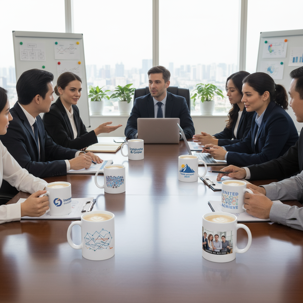 Corporate meeting with branded mugs