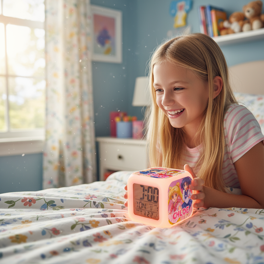 Child waking up with personalized clock