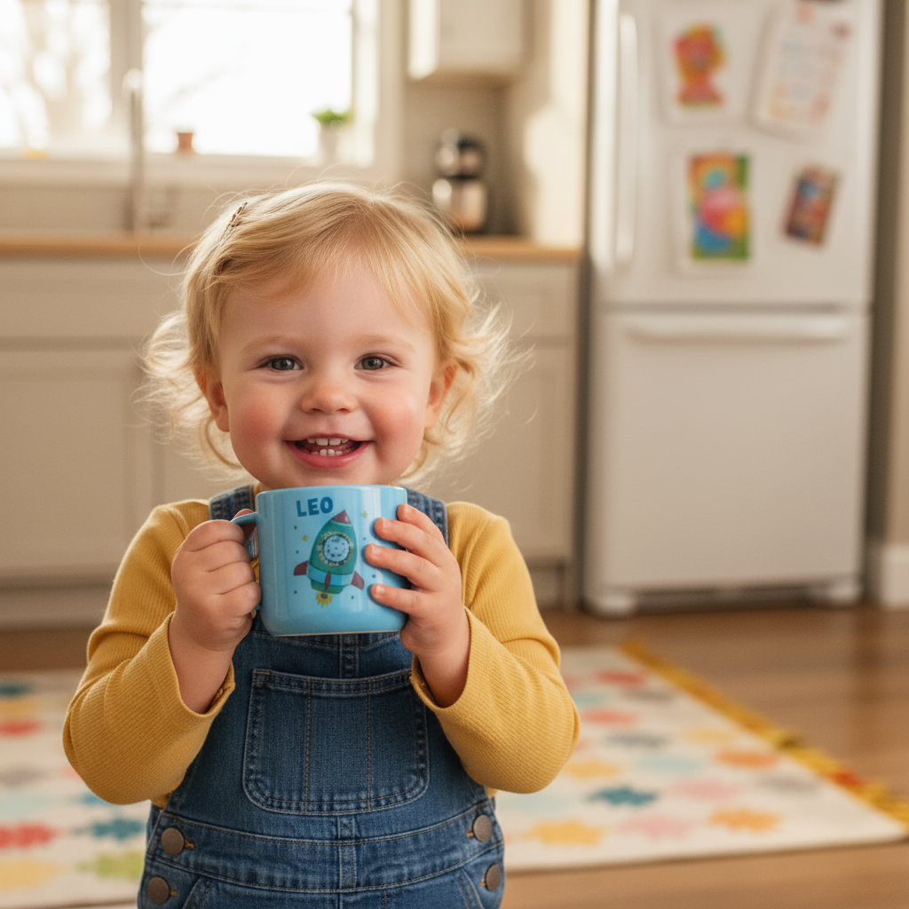 Young child holding personalized mug