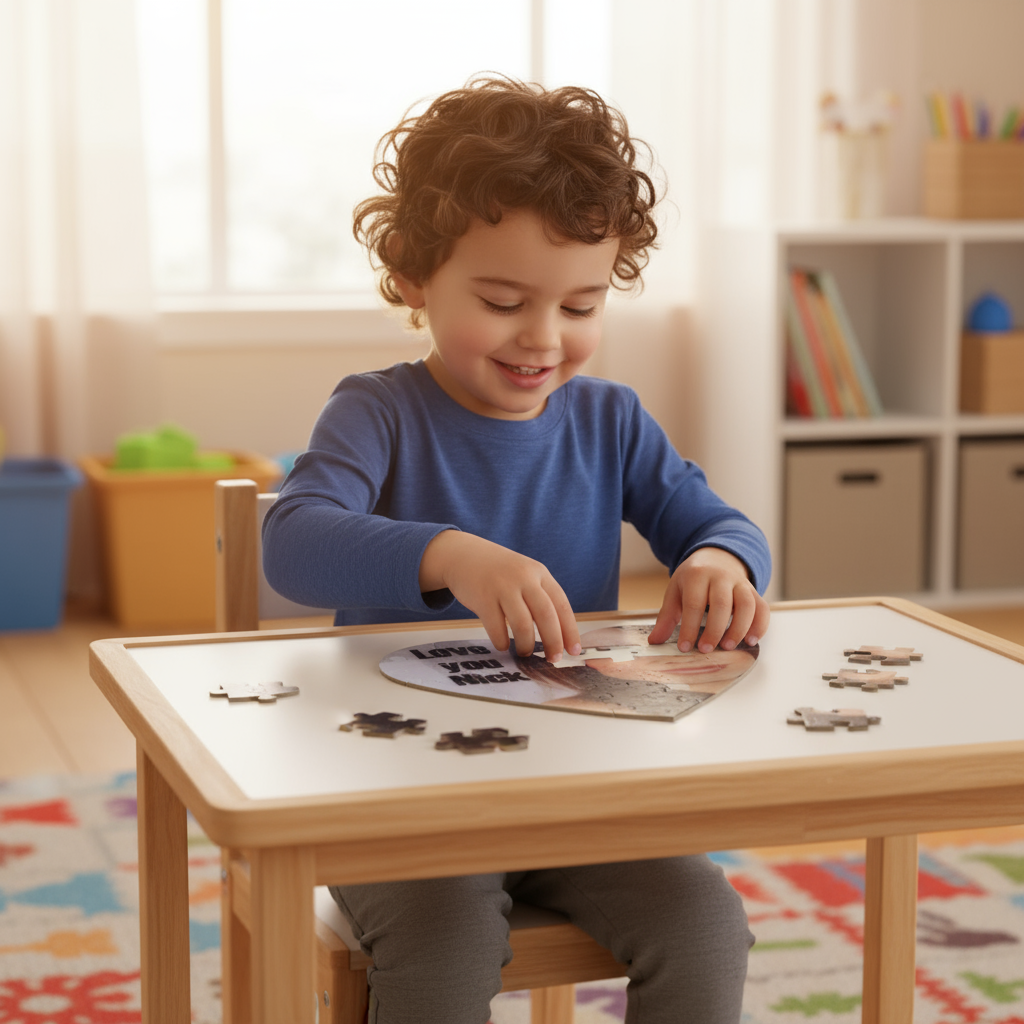 Child playing with personalized puzzle
