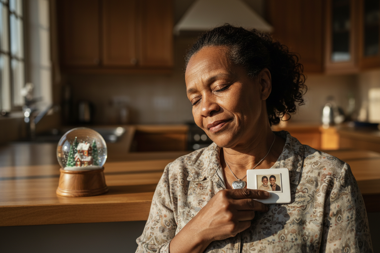 Mother listening to voice message on musical magnet