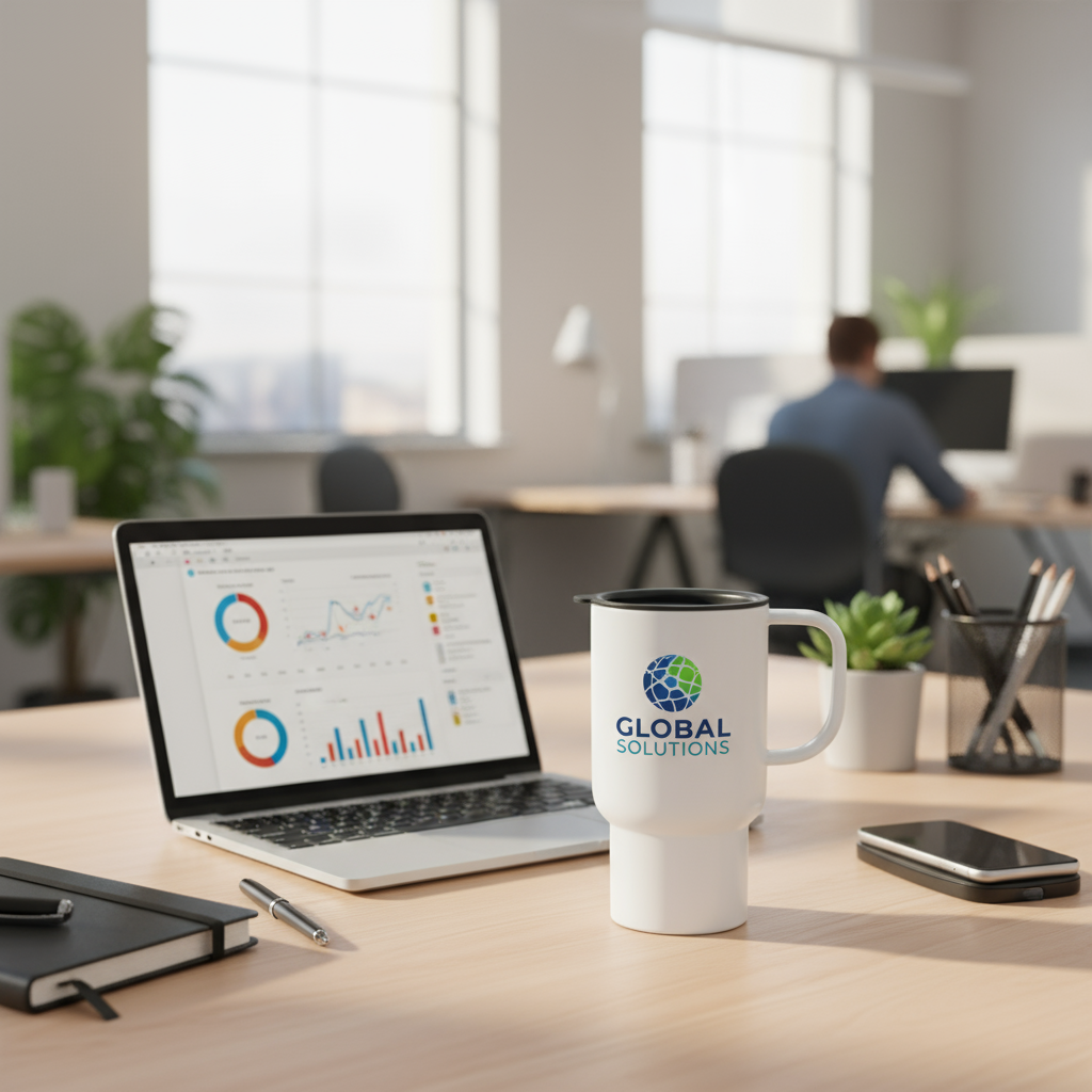 Corporate office desk with branded mug