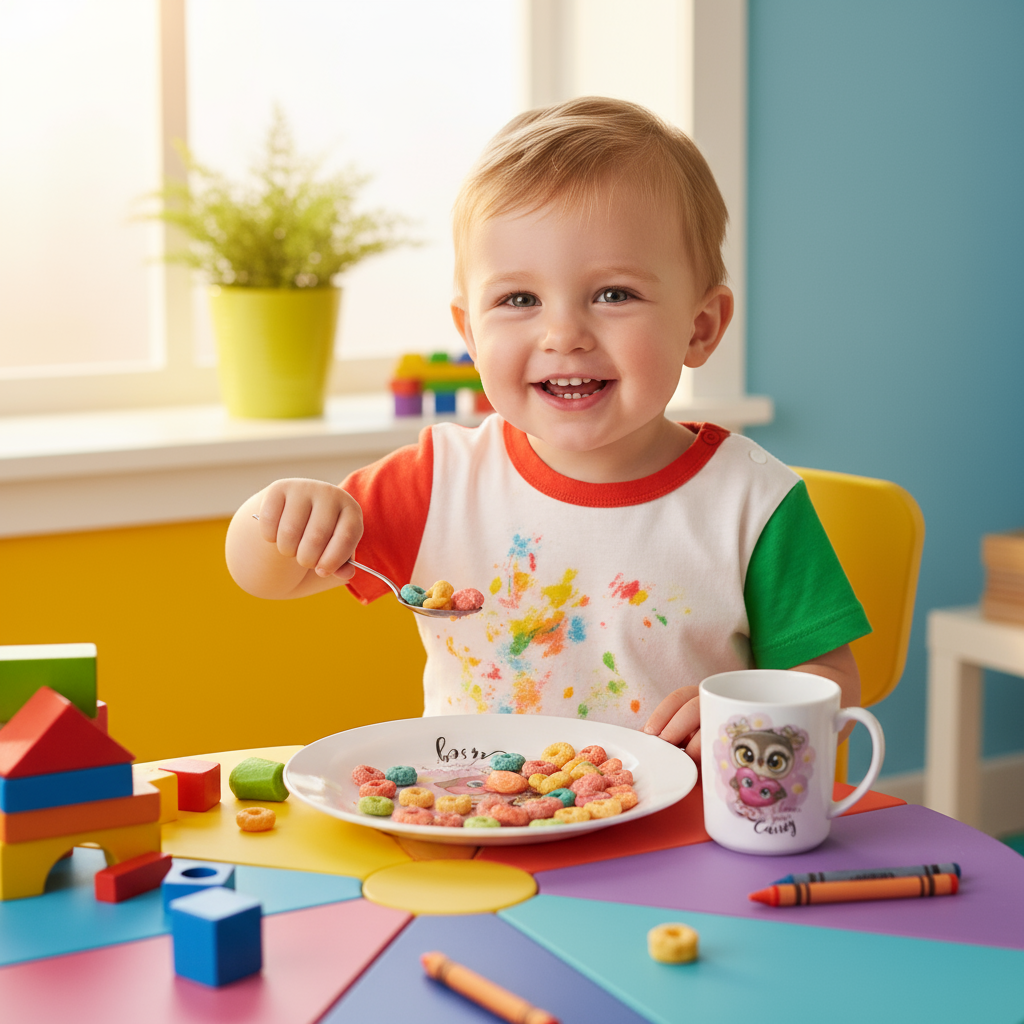 Child eating from personalized plate
