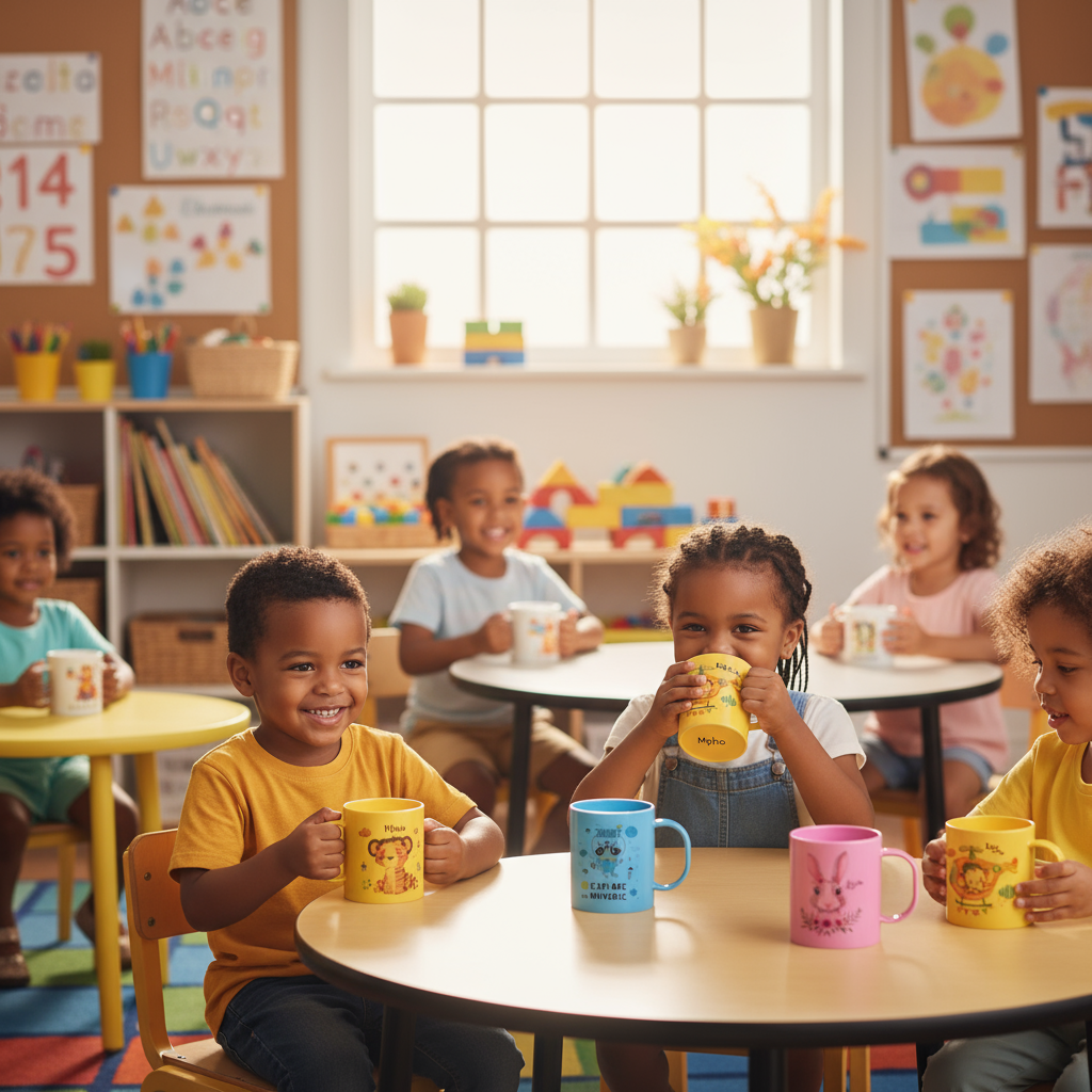 Kids at daycare using personalized mugs