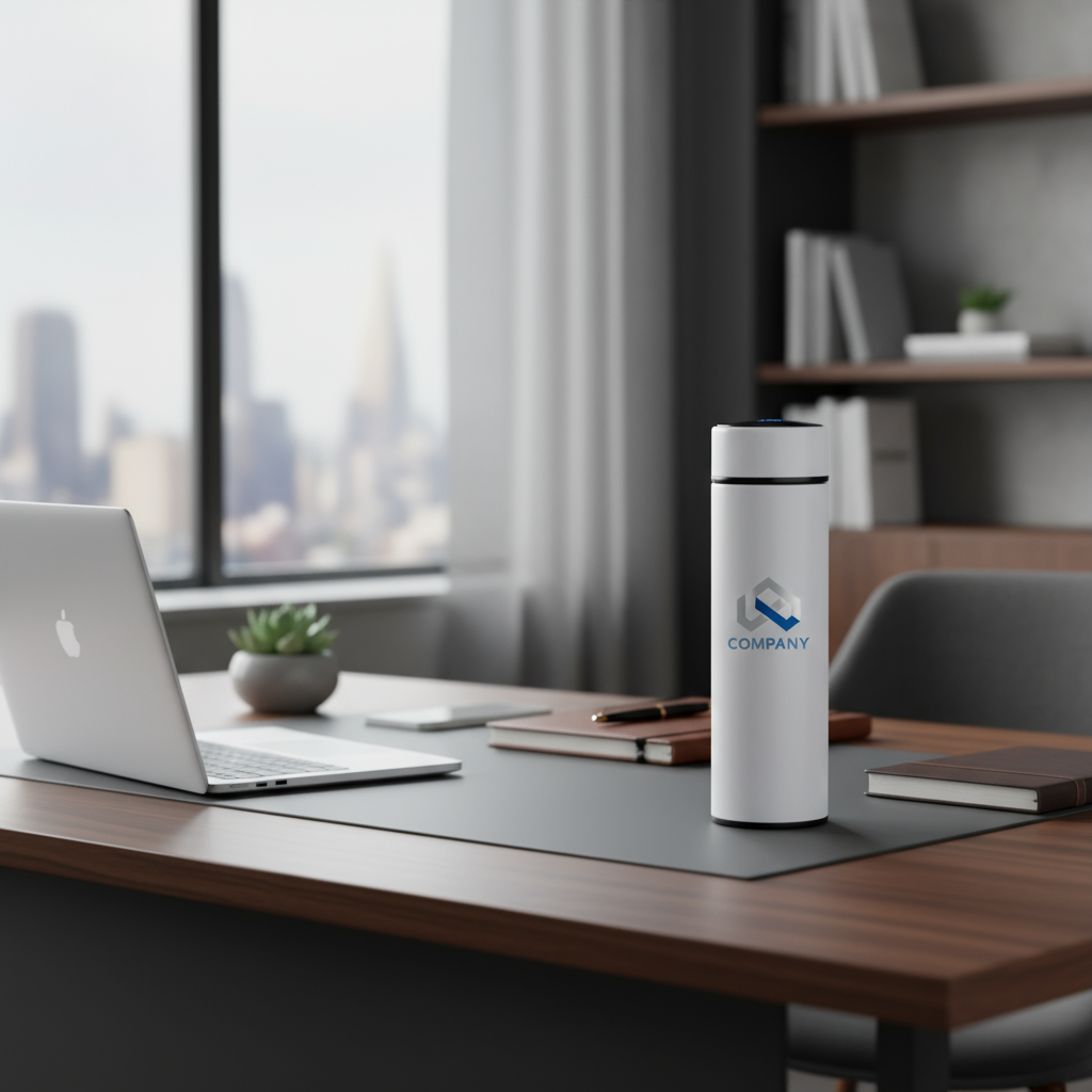 Corporate office with temperature display mug