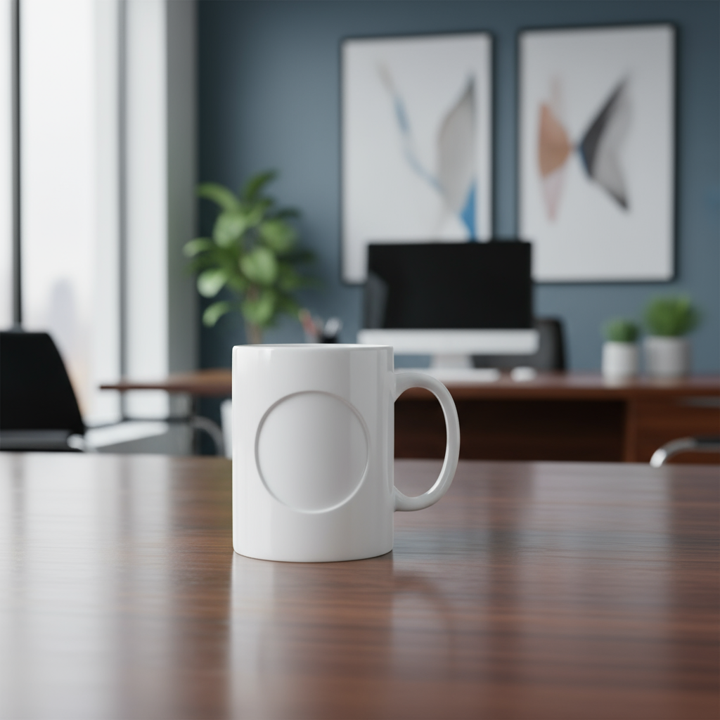 Corporate office desk with branded mug