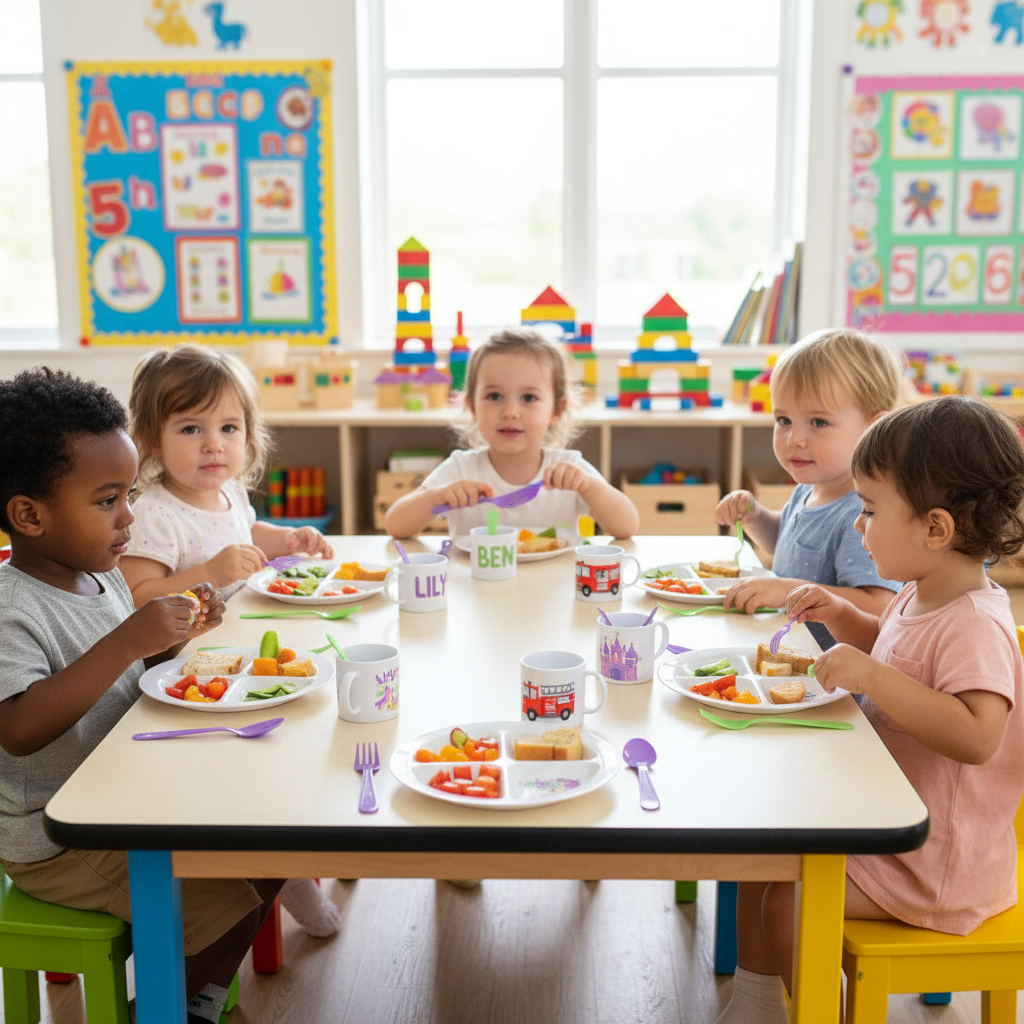 Daycare mealtime with custom plates