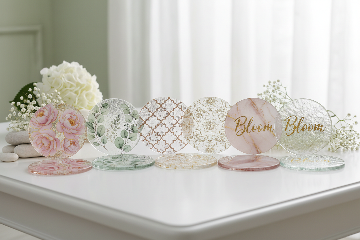 Premium Textured Glass Coasters - 6 Pack Sublimated Sets | 97mm Luxury Round Coasters