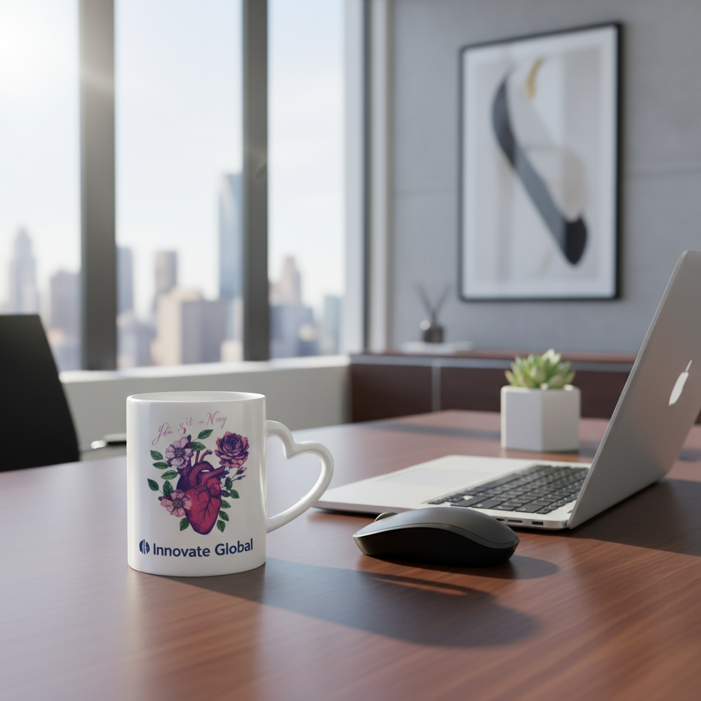 Corporate office with heart handle mug