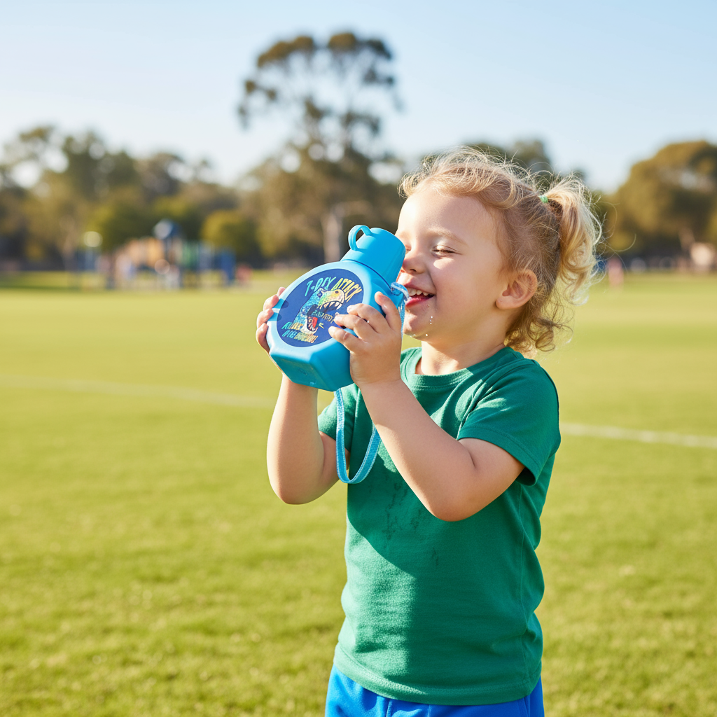 Young child holding personalized bottle