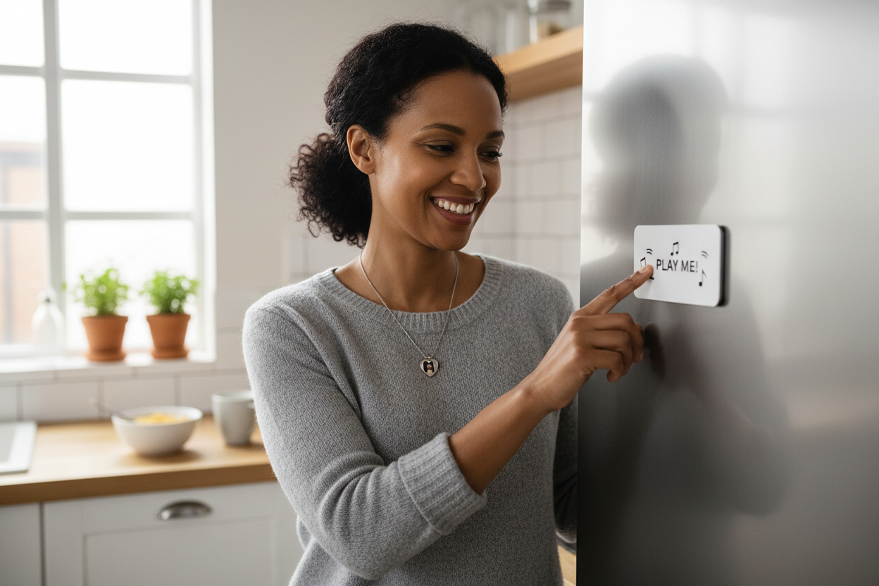 Wife pressing musical magnet on fridge - emotional moment
