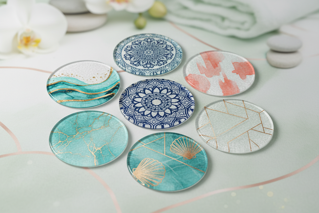 Premium Textured Glass Coasters - 6 Pack Sublimated Sets | 97mm Luxury Round Coasters