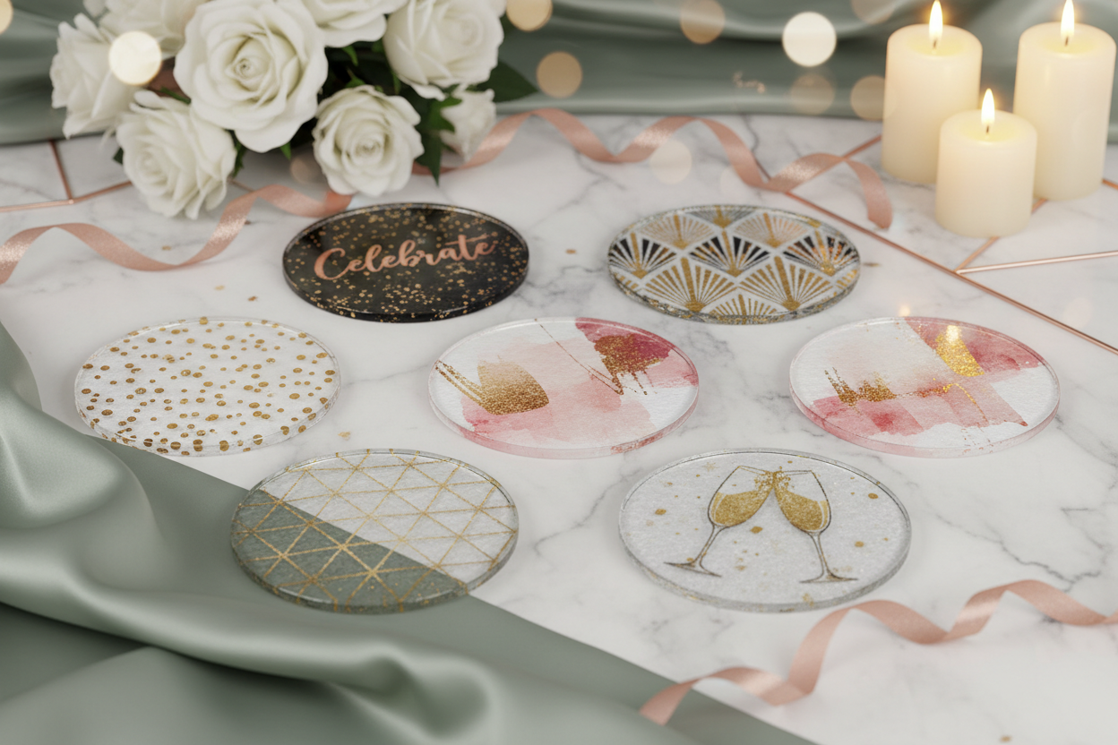 Premium Textured Glass Coasters - 6 Pack Sublimated Sets | 97mm Luxury Round Coasters