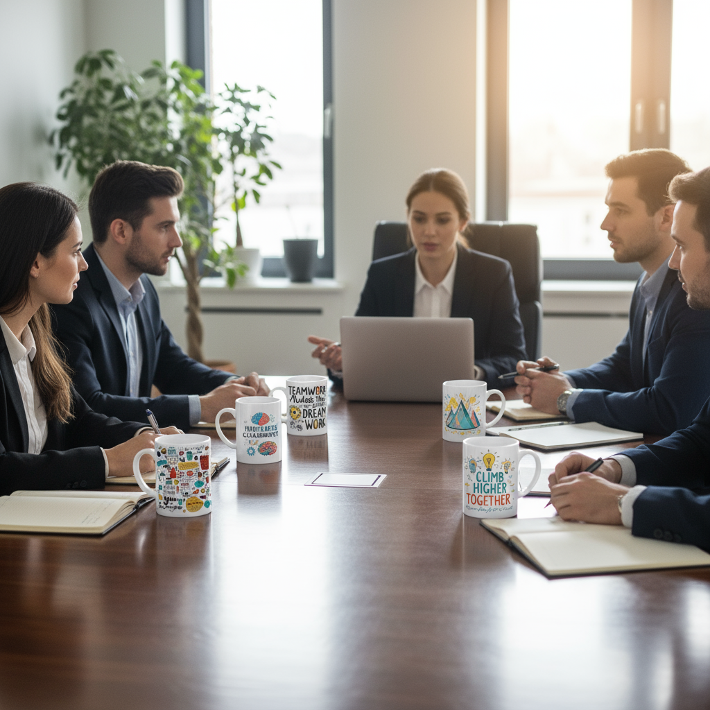Corporate meeting with branded mugs