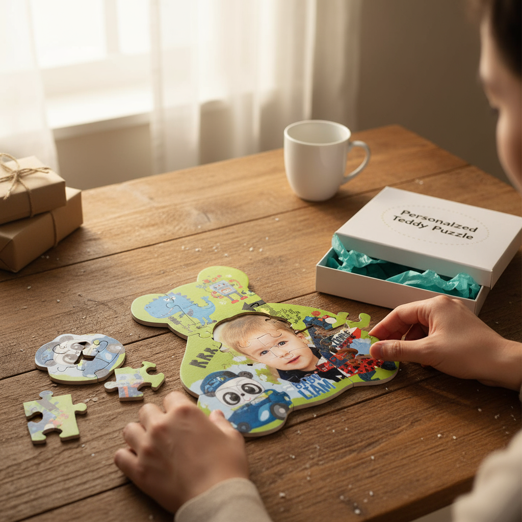 Personalized Teddy Bear Cardboard Puzzle - Custom Photo & Name Gift