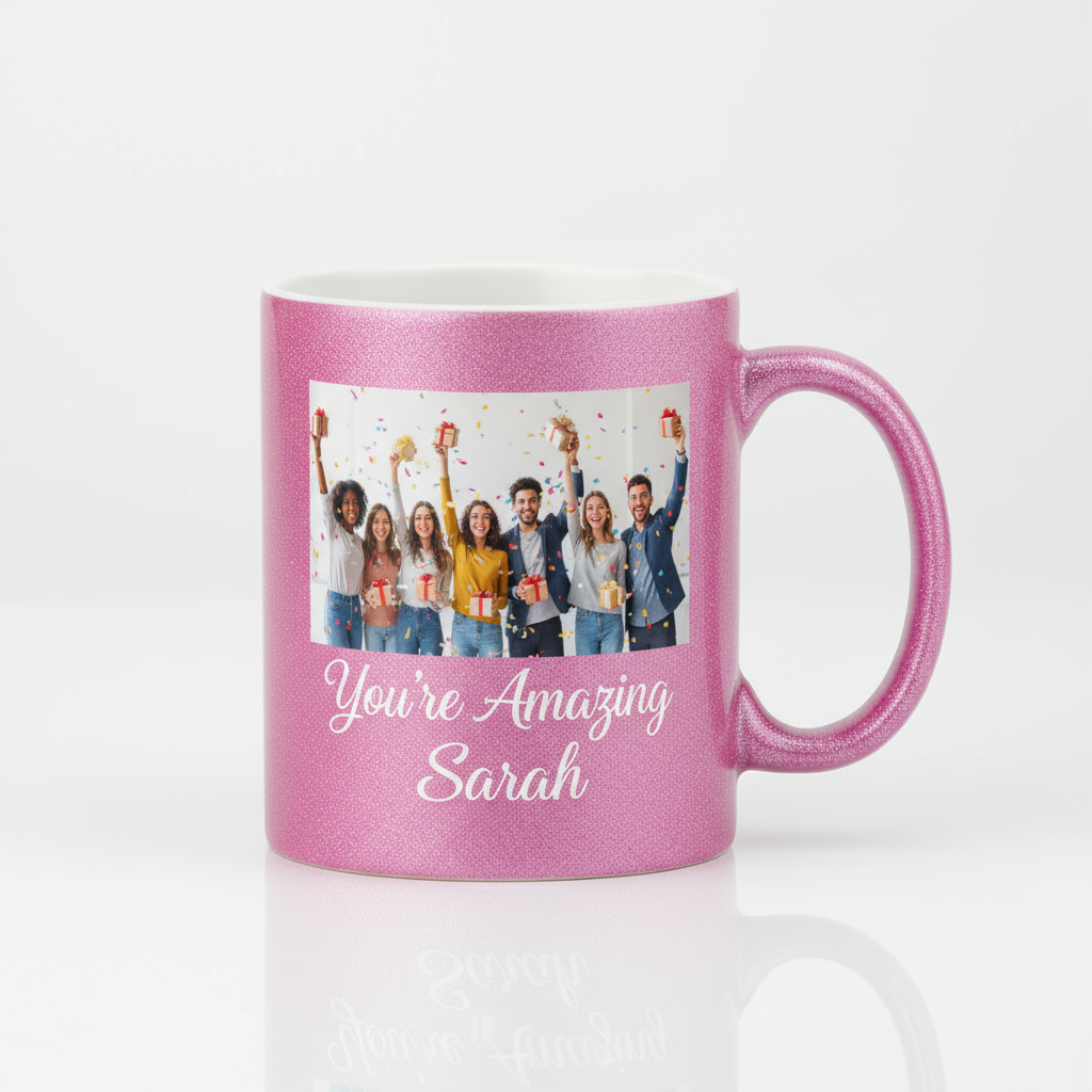 Pink Glitter Coffee Mugs 11oz | Custom Photo & Name Printing | Fun Gifts SA