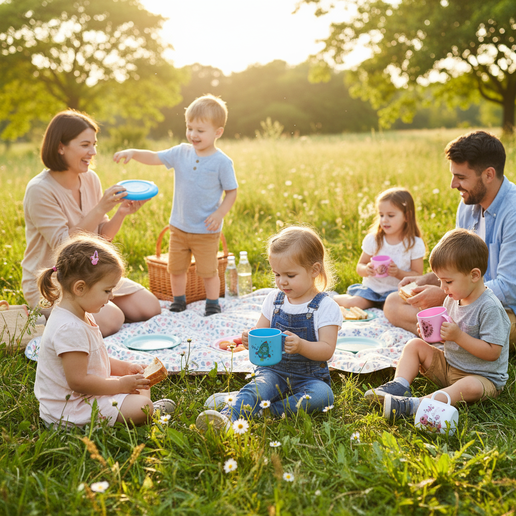 Family outdoor picnic with kids mugs