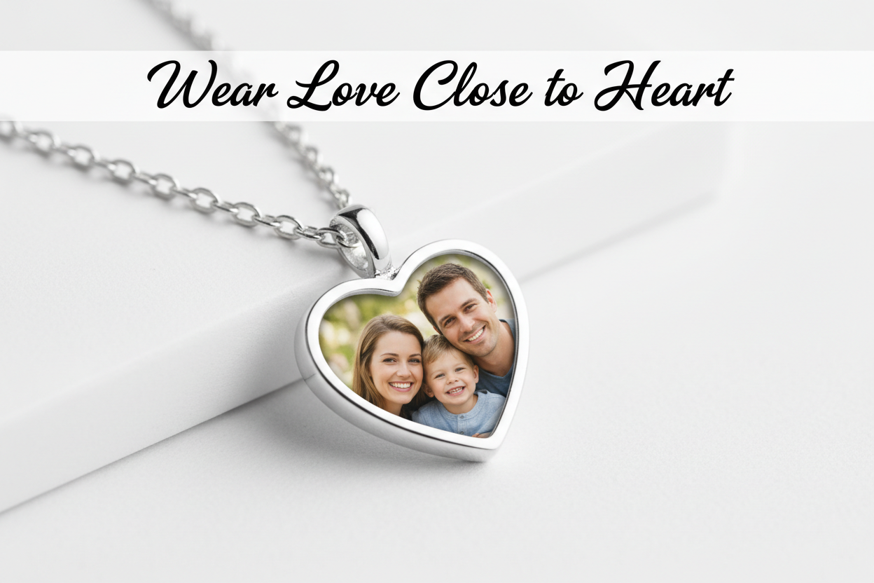 Heart photo necklace pendant with silver chain
