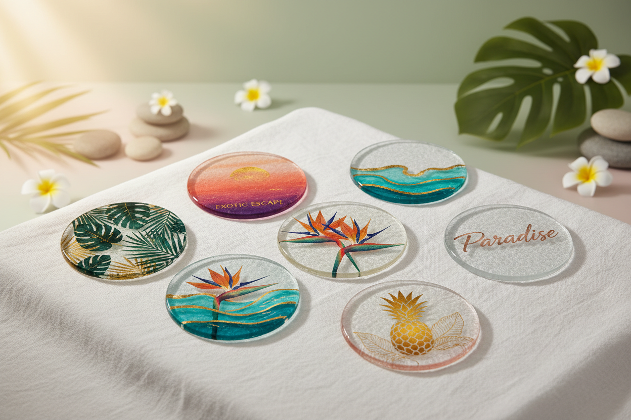 Premium Textured Glass Coasters - 6 Pack Sublimated Sets | 97mm Luxury Round Coasters