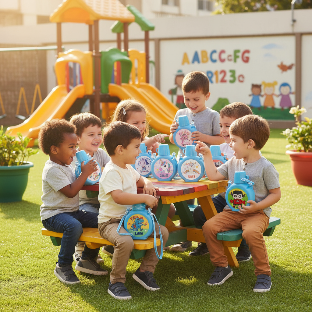 Kids at school using personalized bottles