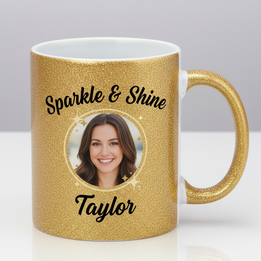 Gold Glitter Coffee Mugs 11oz | Custom Photo & Name Printing | Luxury Gifts SA