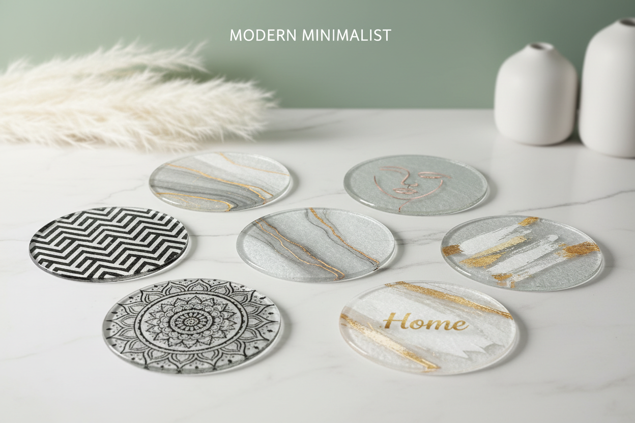 Premium Textured Glass Coasters - 6 Pack Sublimated Sets | 97mm Luxury Round Coasters