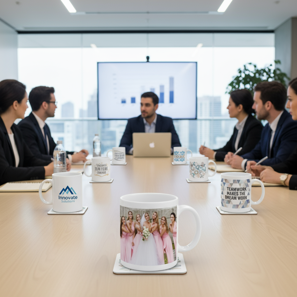 Corporate meeting with branded mugs