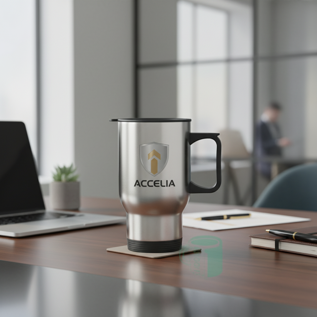 Corporate office with travel mug